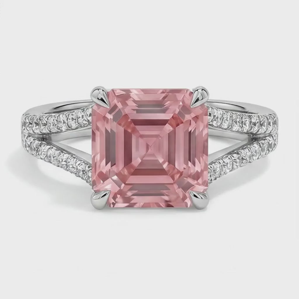 Asscher Padparadscha and White Diamond Pave Ring Natural 14K White Gold
