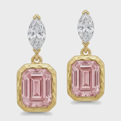 Pink Diamond Drop Earrings 4 Carat Lab Grown Emerald Cut Bezel Marquise Tops 14K Yellow Gold