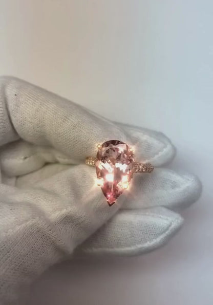 Pear Cut Morganite And Natural Earth Mined Diamonds 9.25 Ct Wedding Ring Rose Gold 14K