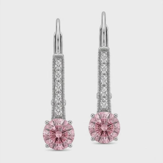 Round Pink Lab Grown Diamond and White Diamond Bar Leverback Earrings 14K White Gold