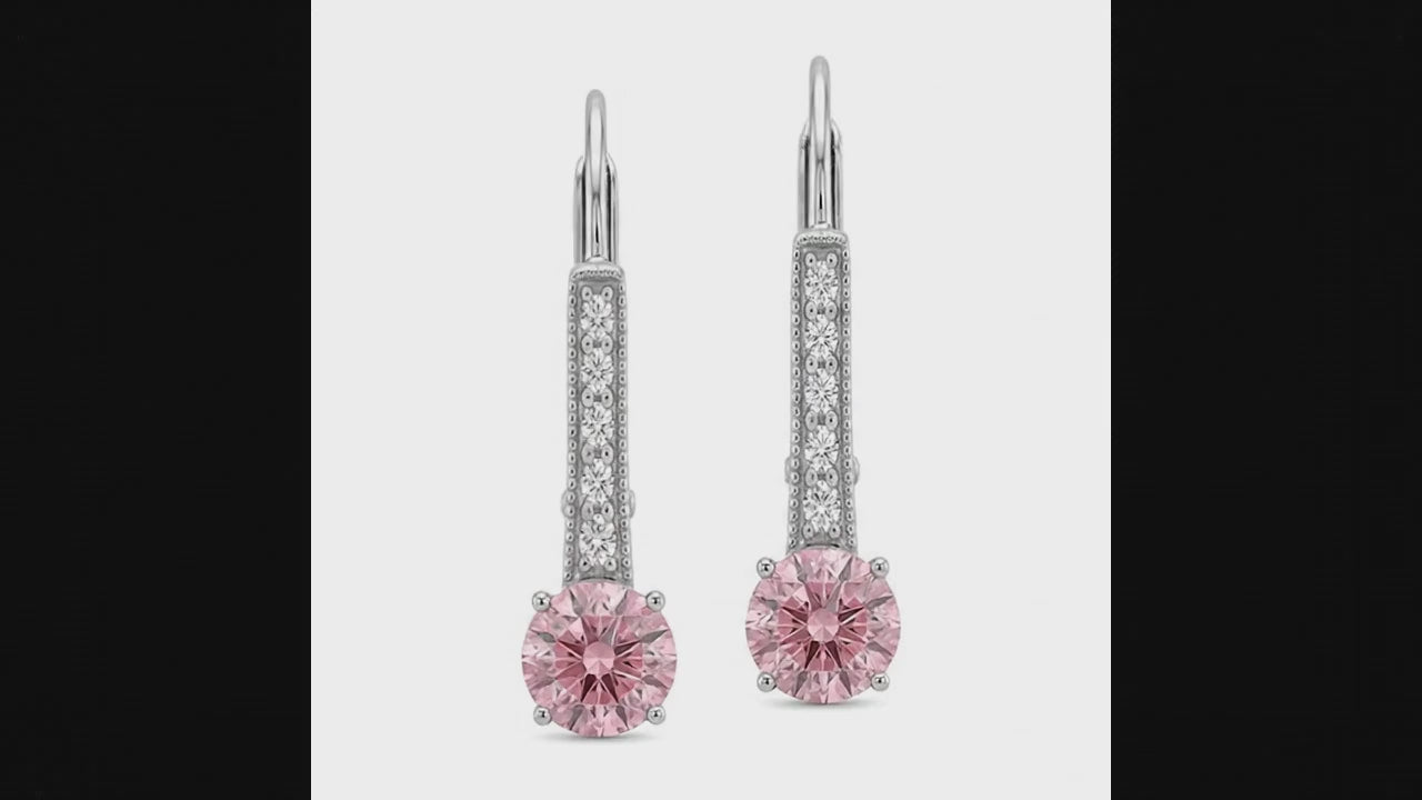 Round Pink Lab Grown Diamond and White Diamond Bar Leverback Earrings 14K White Gold