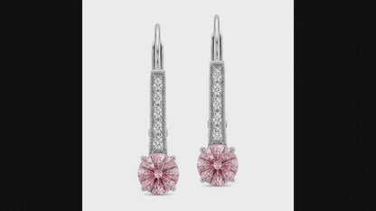 Round Pink Lab Grown Diamond and White Diamond Bar Leverback Earrings 14K White Gold