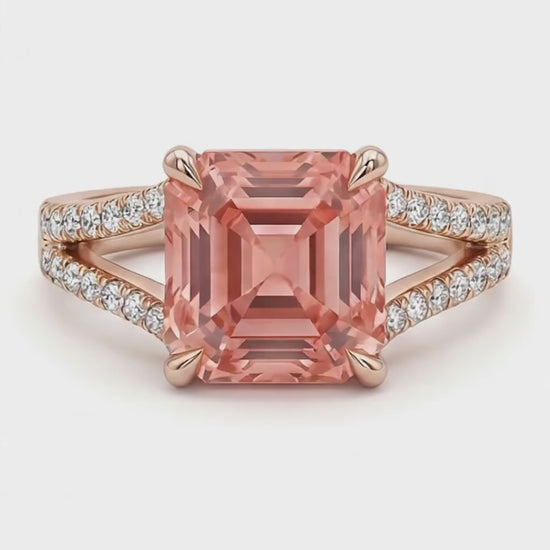 Asscher Lab Grown Padparadscha and Lab Grown Diamond Pave Ring 14K Rose Gold