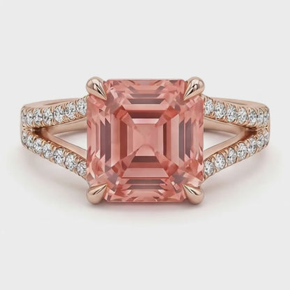Asscher Lab Grown Padparadscha and Lab Grown Diamond Pave Ring 14K Rose Gold