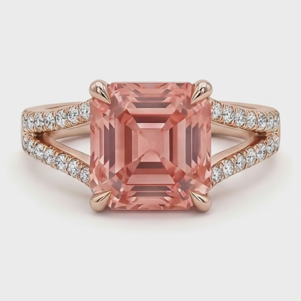 Asscher Lab Grown Padparadscha and Lab Grown Diamond Pave Ring 14K Rose Gold