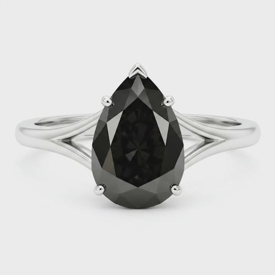 Pear Black Diamond Cathedral Solitaire Ring Natural 14K White Gold