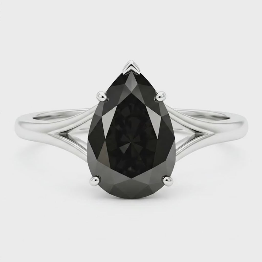 Pear Black Diamond Cathedral Solitaire Ring Natural 14K White Gold