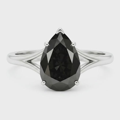 Pear Black Diamond Cathedral Solitaire Ring Natural 14K White Gold