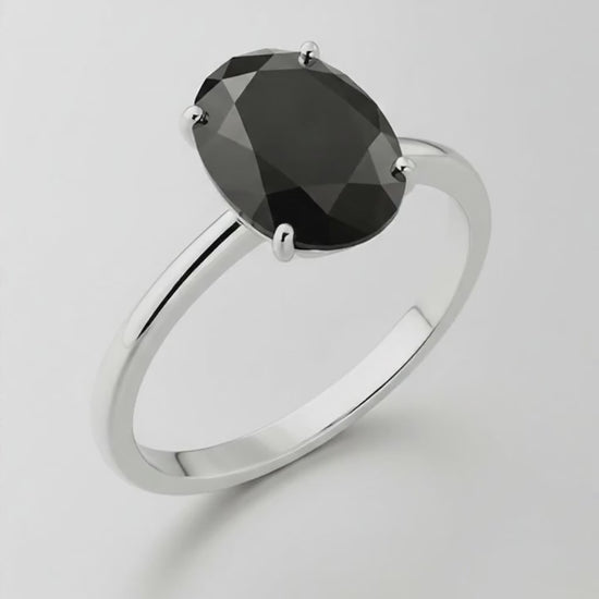 9 Carat Oval Black Diamond Solitaire Ring Natural 14K White Gold
