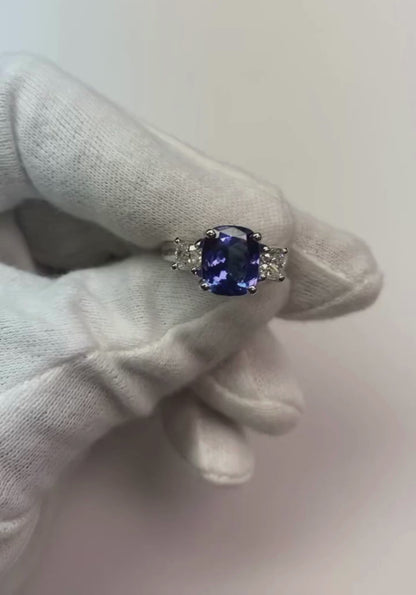 Sparkling 4.01 Carats Tanzanite Cushion And Natural Earth Mined Diamond Anniversary Ring