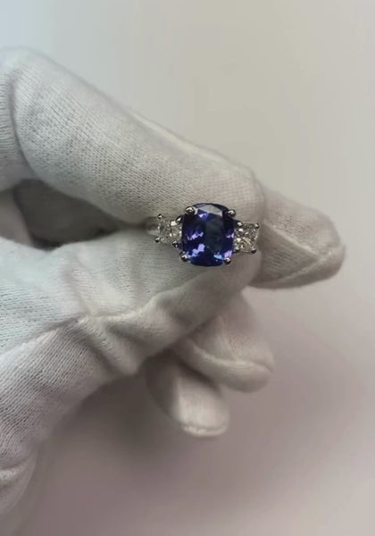 Sparkling 4.01 Carats Tanzanite Cushion And Diamond Anniversary Ring