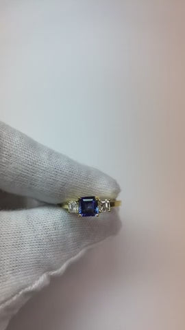 Ladies Asscher Natural Earth Mined Diamond Ring Ceylon Sapphire 3 Stone Jewelry 2 Carats