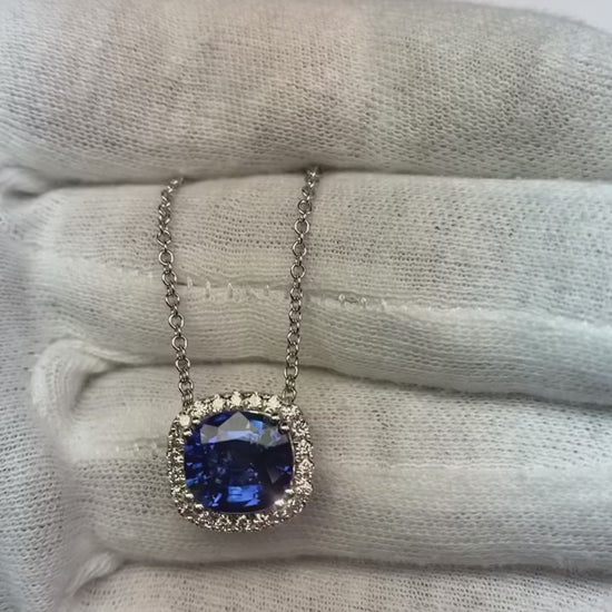 Cushion Sapphire & Round Diamond Halo Pendant Necklace