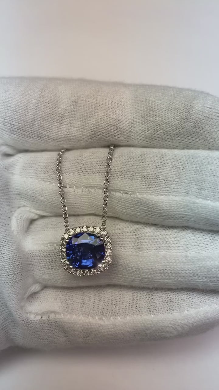 Cushion Sapphire & Round Diamond Halo Pendant Necklace