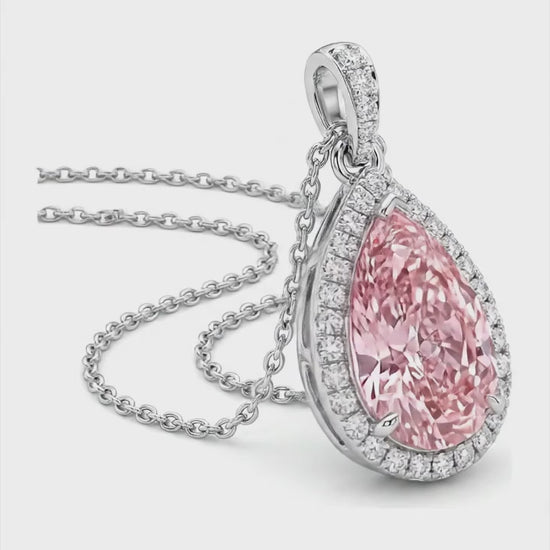 6 Carat Pear Pink Lab Grown Diamond and White Diamond Halo Pendant 14K White Gold