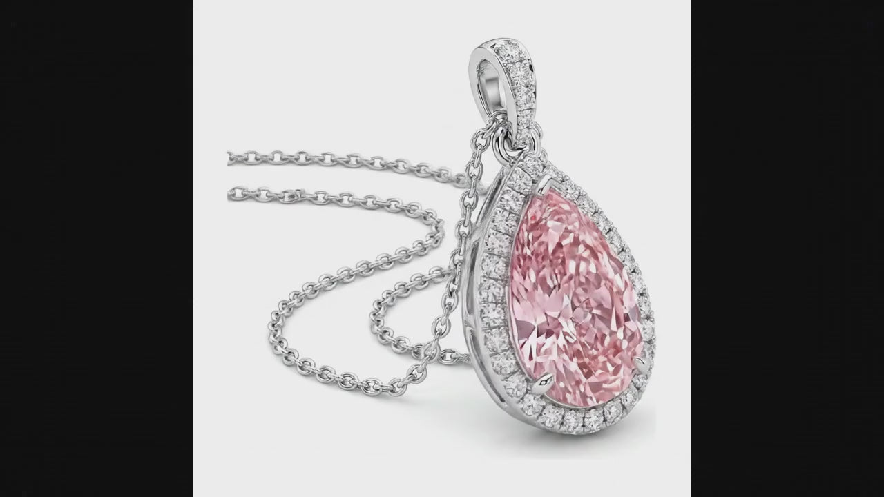 6 Carat Pear Pink Lab Grown Diamond and White Diamond Halo Pendant 14K White Gold