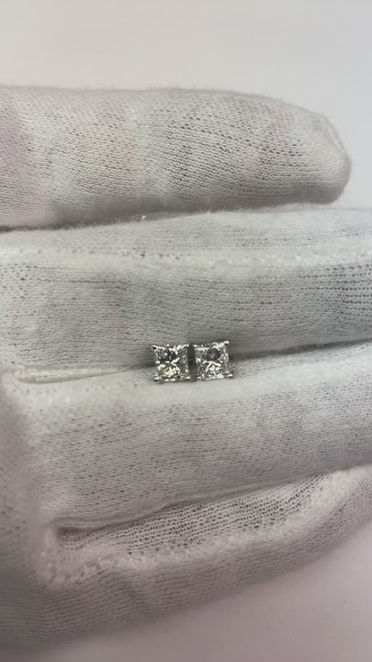 1.50 Carats Princess Natural Earth Mined Diamond Stud Earrings White Gold 14K Studs