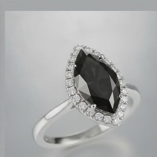 7 Carat Marquise Black Diamond and White Diamond Halo Ring Natural 14K White Gold