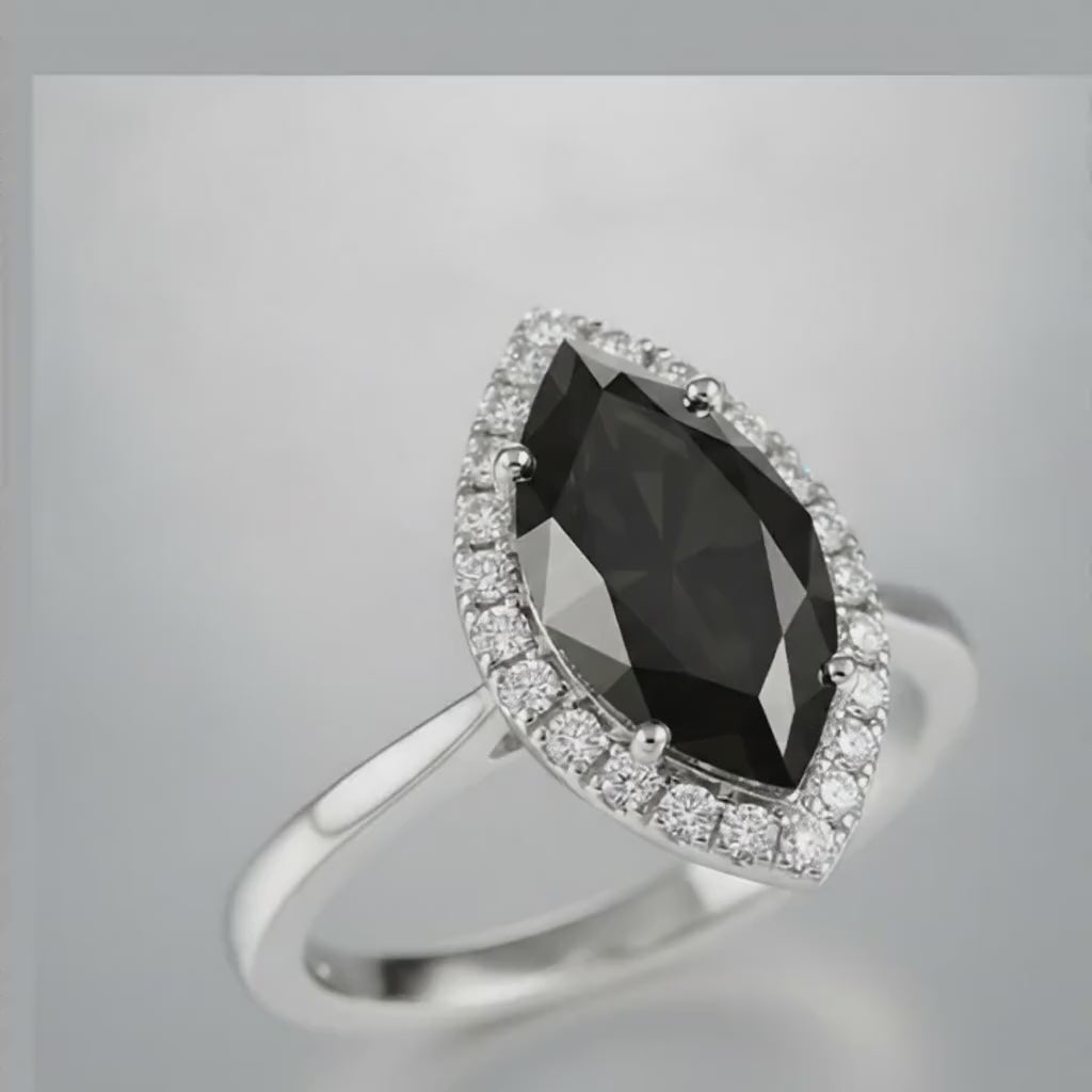 7 Carat Marquise Black Diamond and White Diamond Halo Ring Natural 14K White Gold
