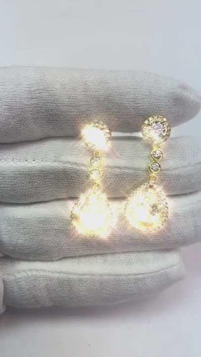 Chandelier Pear Cut Real Natural Earth Mined Diamonds 6 Carat Yellow Gold Earring