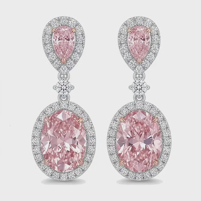 Pink Diamond Drop Earrings 4.5 Carat Lab Grown Oval Halo Pear Tops 14K White Gold