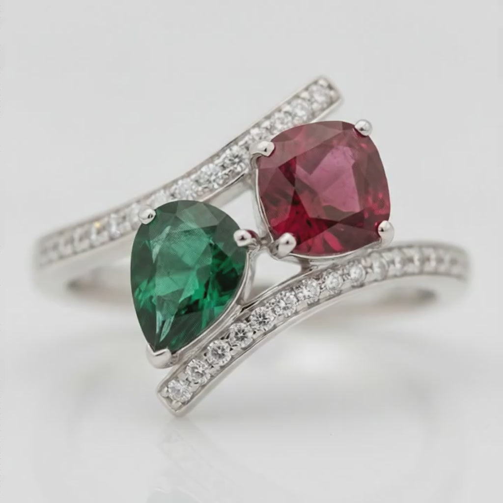 Emerald and Ruby Two Stone Ring Natural 18K White Gold
