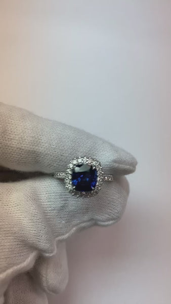 3 Ct Cushion Sri Lanka Blue Sapphire And Halo Diamond Ring