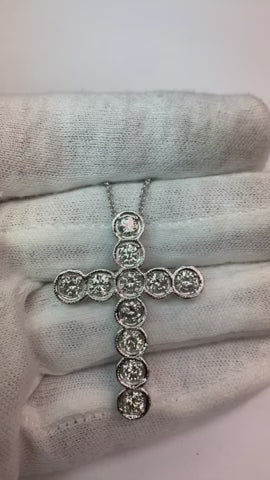 Round Diamond Cross Pendant Milgrain Necklace 4 Carat WG 14K