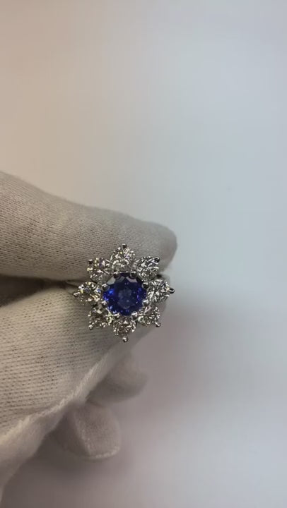 Gold Halo Natural Earth Mined Diamond Ring Blue Round Sapphire Flower Style 4.50 Carats