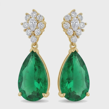 Green Emerald Earrings 5 Carat Lab Grown Pear Marquise Cluster Leverback 14K Yellow Gold