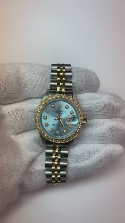 Blue Diamond Dial Bezel Rolex Ladies Watch Date Just Ss & Gold