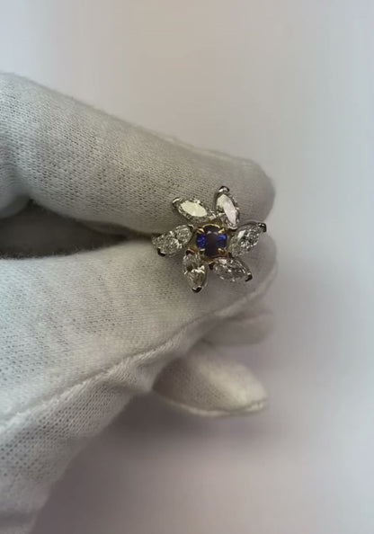Marquise Natural Earth Mined Diamond Round Sapphire Ring Flower Style 2.50 Carats Two Tone