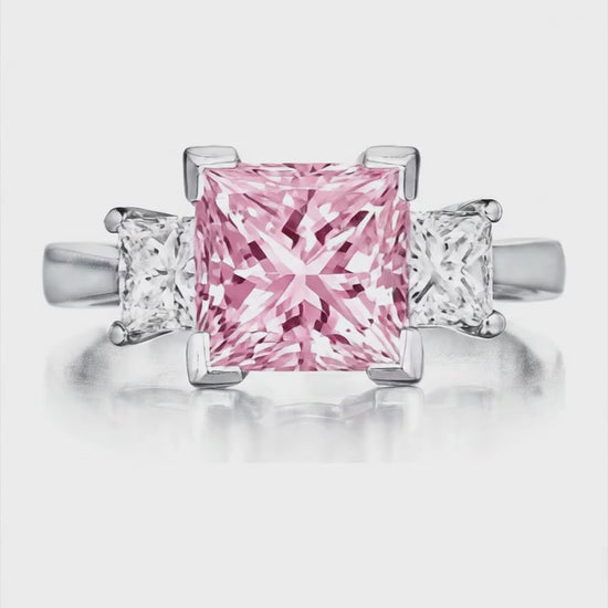 3.5 Carat Princess Pink Lab Grown Diamond and White Diamond Three Stone Ring 14K White Gold