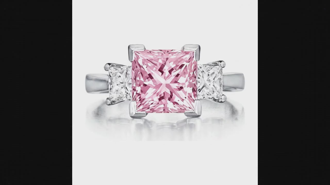 3.5 Carat Princess Pink Lab Grown Diamond and White Diamond Three Stone Ring 14K White Gold