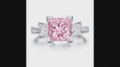 3.5 Carat Princess Pink Lab Grown Diamond and White Diamond Three Stone Ring 14K White Gold