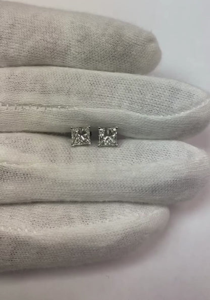 Solitaire Princess Cut Natural Earth Mined Diamond Stud Earring 1.70 Carats White Gold
