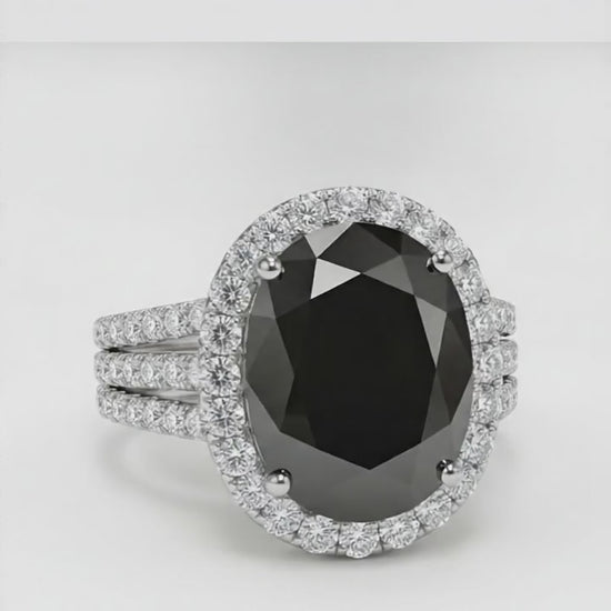 Oval Black and White Diamond Halo Ring Natural 14K White Gold