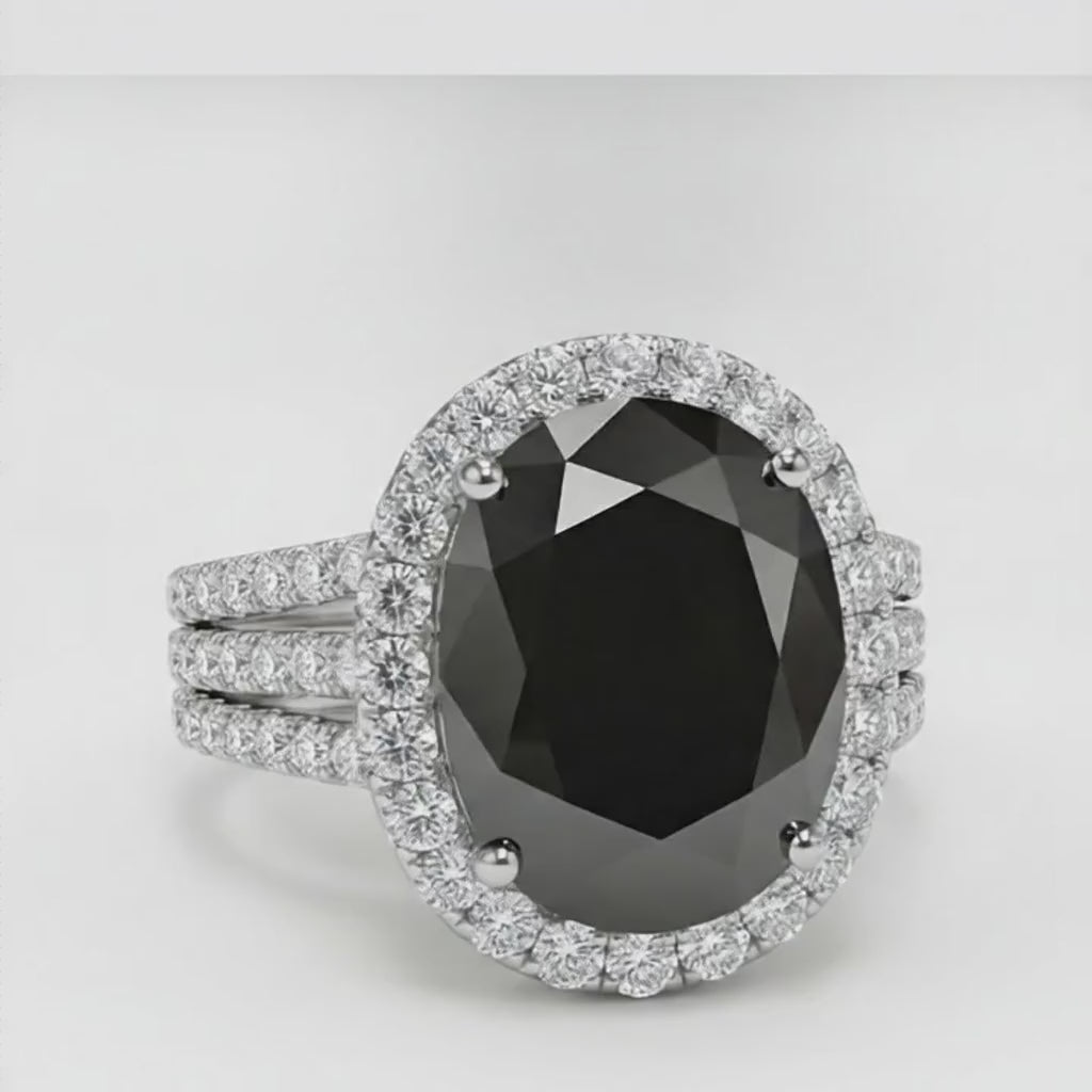 Oval Black and White Diamond Halo Ring Natural 14K White Gold
