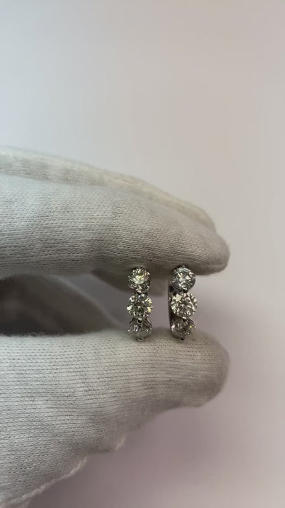 Three Stone Women Hoop Earrings 3 Ct Round Cut Natural Earth Mined Diamonds White Gold 14K