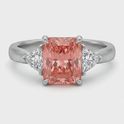 Radiant Padparadscha and White Diamond Three Stone Ring Natural 14K White Gold