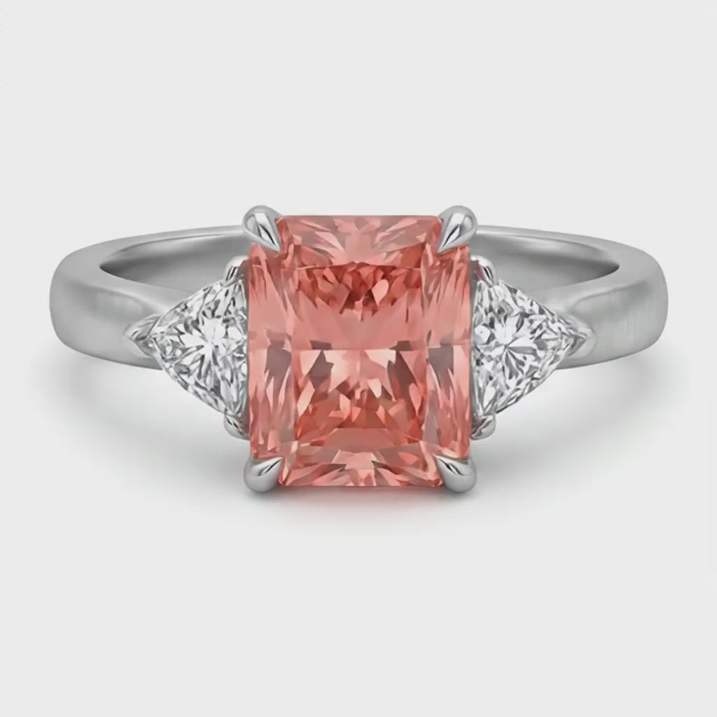 Radiant Padparadscha and White Diamond Three Stone Ring Natural 14K White Gold