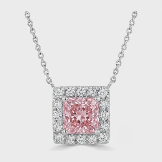 4.5 Carat Radiant Pink Lab Grown Diamond and White Diamond Halo Pendant 14K White Gold