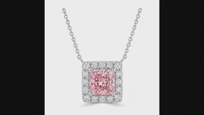 4.5 Carat Radiant Pink Lab Grown Diamond and White Diamond Halo Pendant 14K White Gold