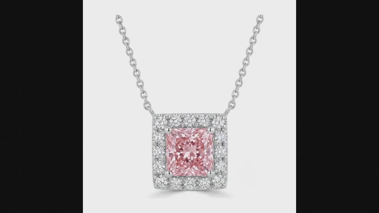 4.5 Carat Radiant Pink Lab Grown Diamond and White Diamond Halo Pendant 14K White Gold