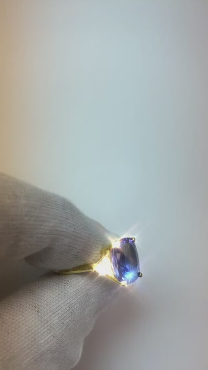 WG 14K AAA Cushion Tanzanite & Trillion Natural Earth Mined Diamonds 6.30 Ct. 3 Stone Ring