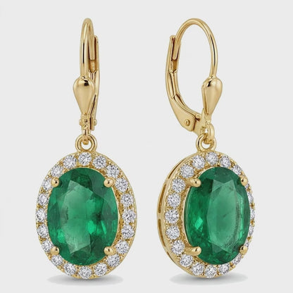 Green Emerald Earrings 4.5 Carat Lab Grown Oval Halo Leverback 14K Yellow Gold