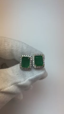 Prong Set Radiant Green Emerald Halo Diamonds Pave 4.70 Ct. Studs