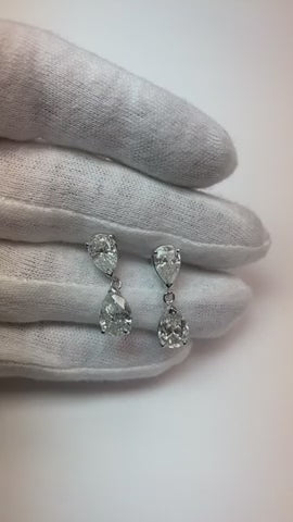 White Gold 2 Stone Real Diamond Dangle Earrings Pear Cut Old Miner 9 Carats