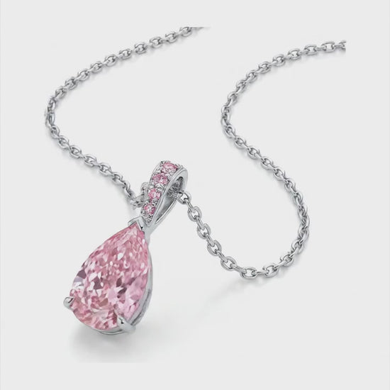 5 Carat Pear Pink Lab Grown Diamond and White Diamond Solitaire Pendant 14K White Gold