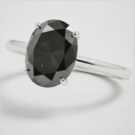 Oval Black Diamond Solitaire Ring Natural 14K White Gold